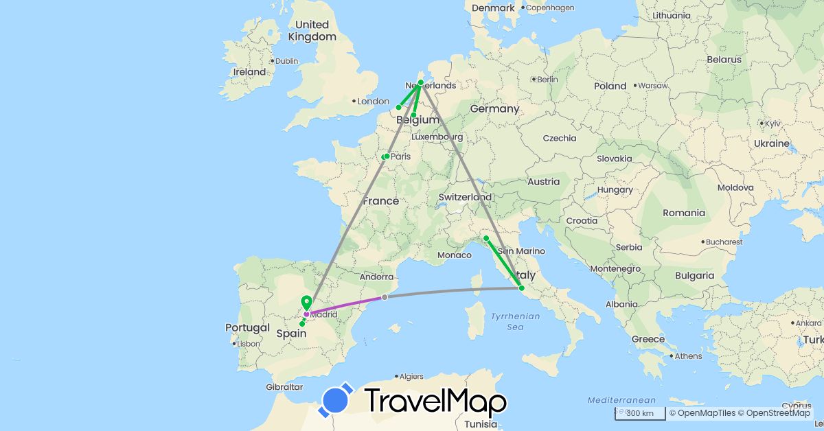 TravelMap itinerary: driving, bus, plane, train in Belgium, Spain, France, Italy, Netherlands (Europe)
